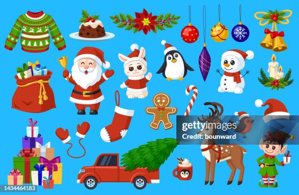 collection of christmas characters and decor elements. - christmas elf stock illustrations