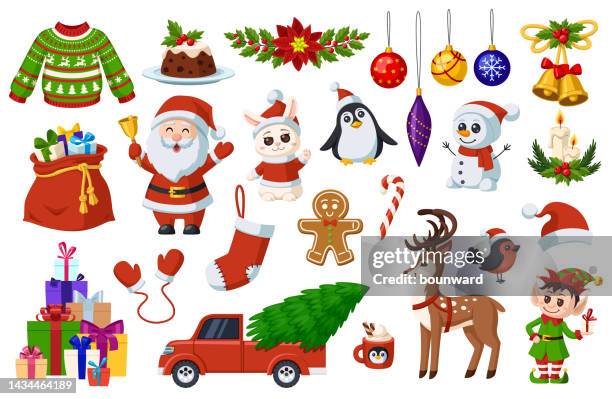 sammlung von weihnachtsfiguren und dekorelementen. - christmas elf stock-grafiken, -clipart, -cartoons und -symbole