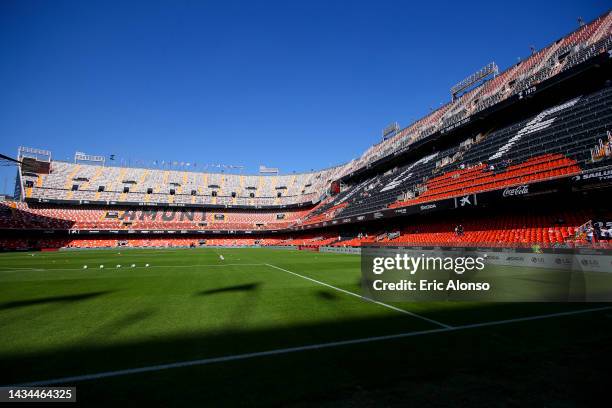 General view of the stadium prior of the LaLiga Santander match between Valencia CF and Elche CF at Estadio Mestalla on October 15, 2022 in Valencia,...