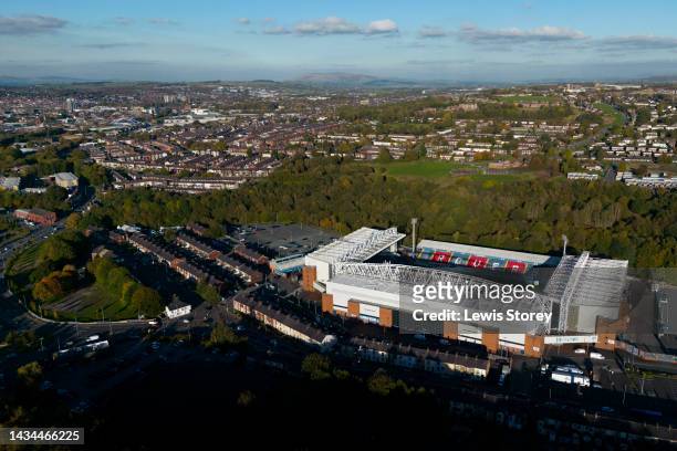 An aerial view of Ewood Park is seen ahead of the Sky Bet Championship between Blackburn Rovers and Sunderland on October 18, 2022 in Blackburn,...