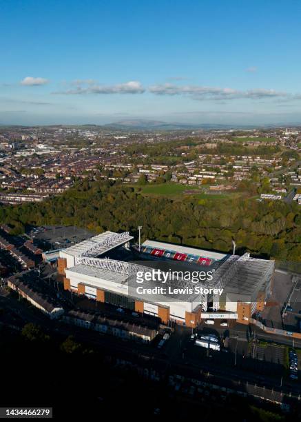 An aerial view of Ewood Park is seen ahead of the Sky Bet Championship between Blackburn Rovers and Sunderland on October 18, 2022 in Blackburn,...