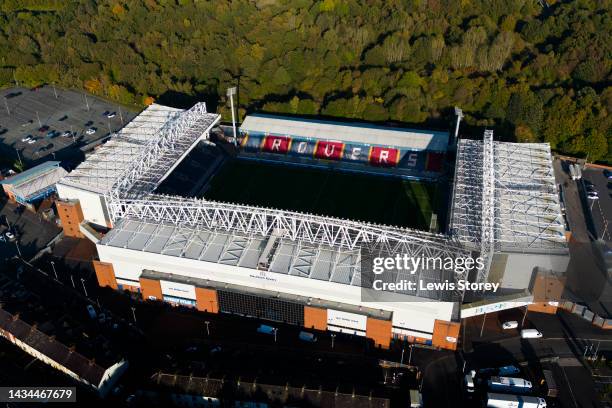 An aerial view of Ewood Park is seen ahead of the Sky Bet Championship between Blackburn Rovers and Sunderland on October 18, 2022 in Blackburn,...