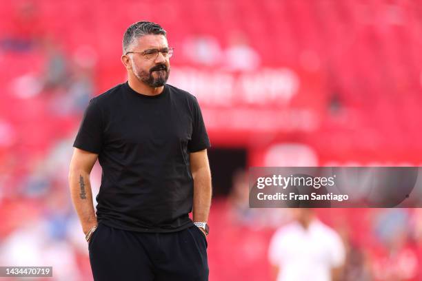 Gennaro Gattuso, Head Coach of Valencia CF looks on prior to the LaLiga Santander match between Sevilla FC and Valencia CF at Estadio Ramon Sanchez...