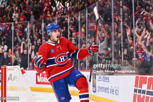 Kirby Dach of the Montreal Canadiens celebrates his overtime goal against the Pittsburgh Penguins at Centre Bell on October 17, 2022 in Montreal,...