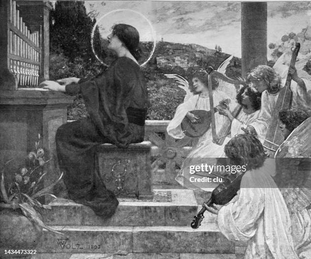 die heilige cäcilia spielt die orgel, begleitet von engeln - st cecilia stock-grafiken, -clipart, -cartoons und -symbole