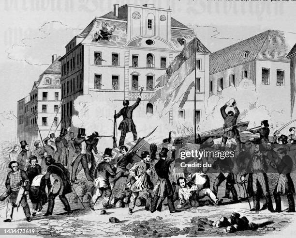 men go to the barricades, german revolution 1848 - barricade stock illustrations
