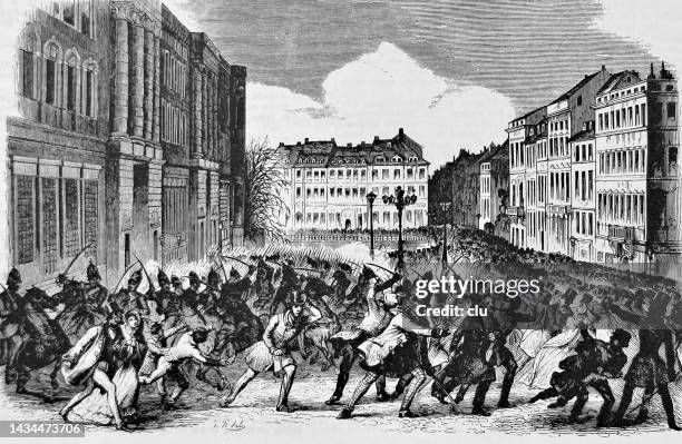 erster kavallerieangriff in berlin auf die unbewaffneten vor dem residenzschloss in berlin 1848 - streetfight stock-grafiken, -clipart, -cartoons und -symbole