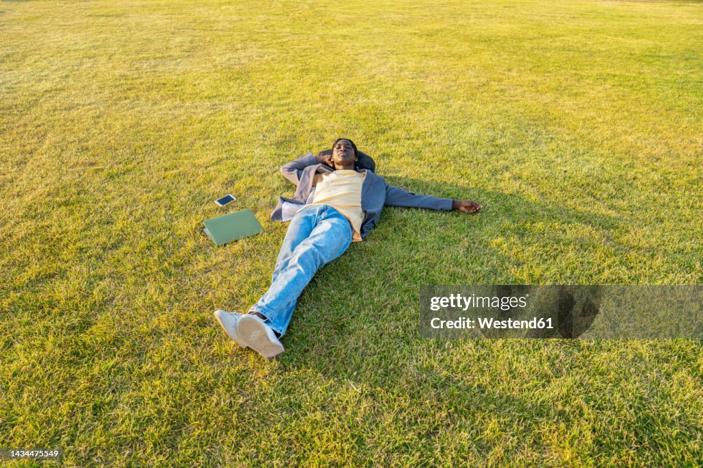 Businessman with mobile phone and laptop resting on grass