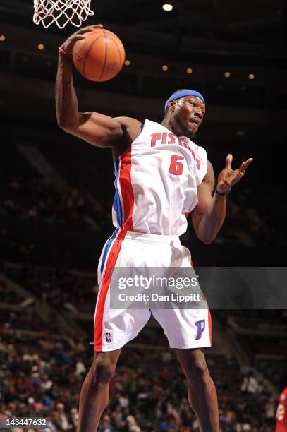 Ben Wallace of the Detroit Pistons handles the ball during the game between the Detroit Pistons and the Philadelphia 76ers on April 26, 2012 at The...