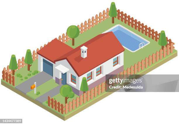 isometric house swimming pool - isometric building entrance stock illustrations