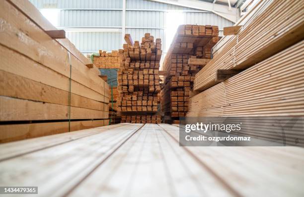 haufen von holzbohlen im holzhof - holzstapel stock-fotos und bilder