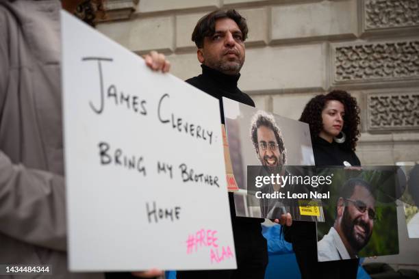 Mona Seif , the sister of Alaa el-Fattah, holds a placard as a group of supporters hold a protest calling for his release at the Foreign &...