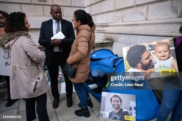 Shadow Home Secretary David Lammy stands with Mona and Sanaa Seif , as they hold a protest calling for the release of their brother Alaa Abd...