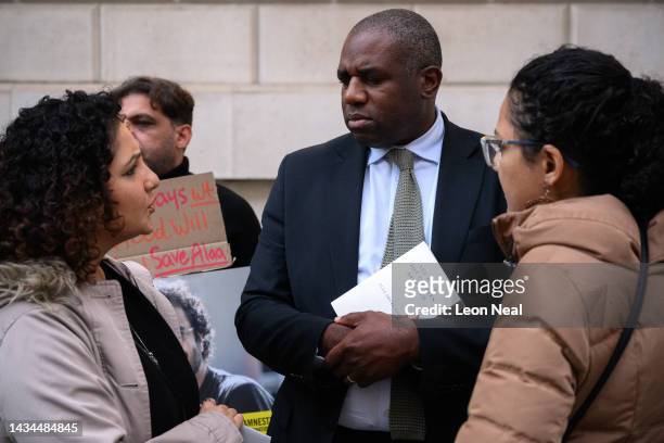 Shadow Home Secretary David Lammy stands with Mona and Sanaa Seif , as they hold a protest calling for the release of their brother Alaa Abd...
