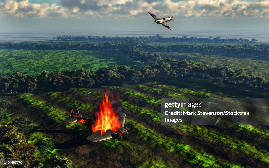 A British Royal Air Force Spitfire shoots down a German Heinkel bomber during the Battle of Britain