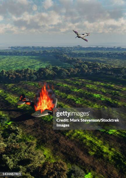 a british royal air force spitfire shoots down a german heinkel bomber during the battle of britain - battle of britain stock illustrations