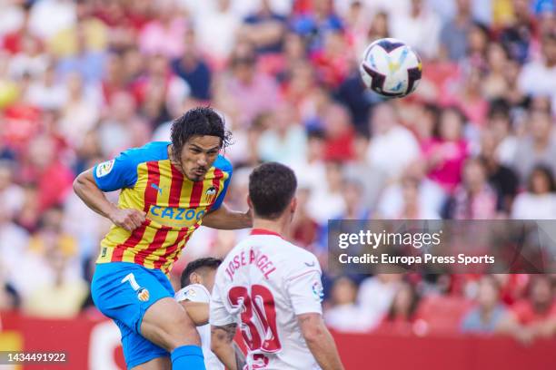 Edison Cavani of Valencia shoots for goal during the spanish league, La Liga Santander, football match played between Sevilla FC and Valencia CF at...