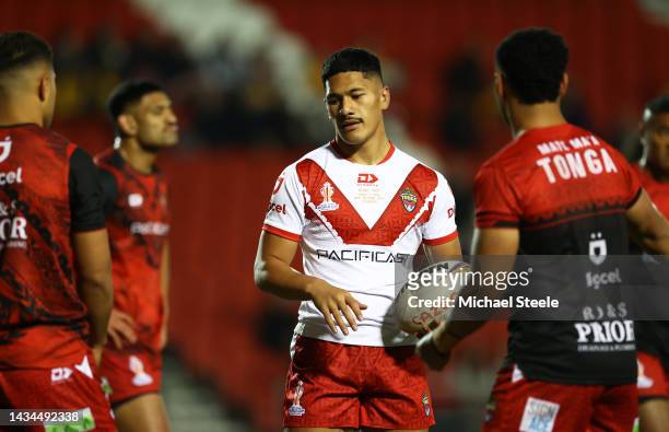Talatau Amone of Tonga warms up ahead of the Rugby League World Cup 2021 Pool D match between Tonga and Papua New Guinea at Totally Wicked Stadium on...
