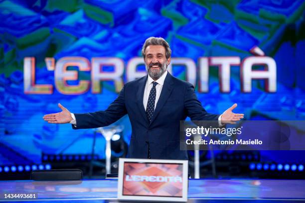 Flavio Insinna poses for a session for the "L'Eredità" Rai Tv Show at Rai Studios on October 18, 2022 in Rome, Italy.