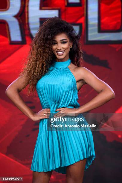 Samira Lui poses for a session for the "L'Eredità" Rai Tv Show at Rai Studios on October 18, 2022 in Rome, Italy.