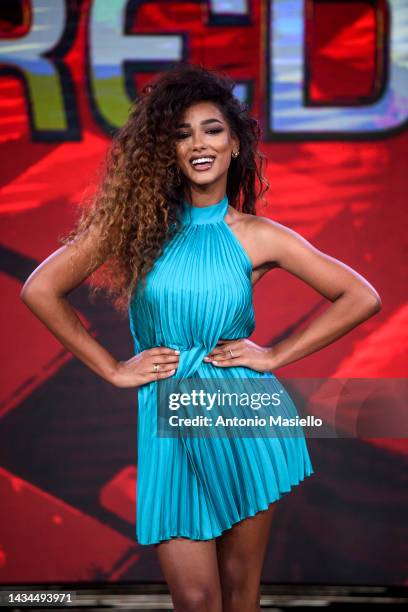 Samira Lui poses for a session for the "L'Eredità" Rai Tv Show at Rai Studios on October 18, 2022 in Rome, Italy.