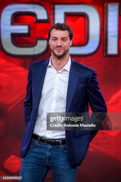 Andrea Cerelli poses for a session for the "L'Eredità" Rai Tv Show at Rai Studios on October 18, 2022 in Rome, Italy.