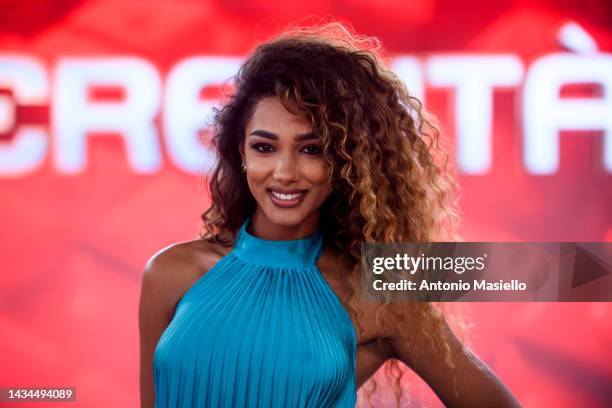 Samira Lui poses for a session for the "L'Eredità" Rai Tv Show at Rai Studios on October 18, 2022 in Rome, Italy.
