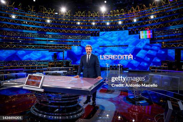 Flavio Insinna poses for a session for the "L'Eredità" Rai Tv Show at Rai Studios on October 18, 2022 in Rome, Italy.