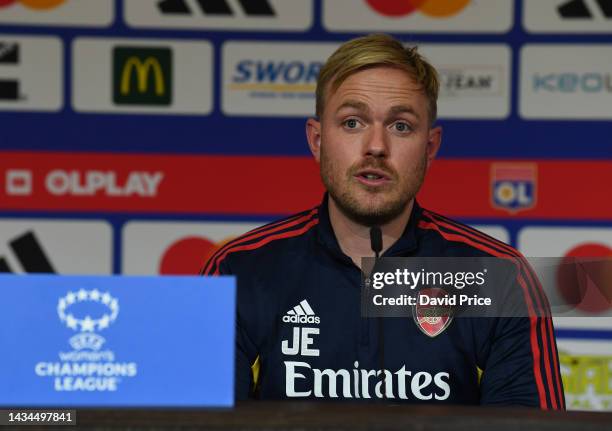 Jonas Eidevall the Arsenal Women's Head Coach takes part in a Press Conference before the Arsenal Women's training session at Groupama Stadium on...