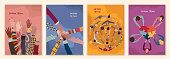 Volunteer multicultural people group concept. Editable set template poster banner leaflet web page.Diversity people in circle top view.NGO. Aid.Help and assistance. Workgroup.Heart puzzle