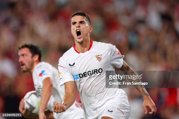 Erik Lamela of Sevilla FC celebrates after scoring their team's first goal during the LaLiga Santander match between Sevilla FC and Valencia CF at...