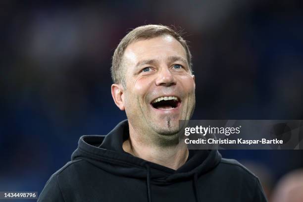 Frank Kramer, Head Coach of FC Schalke 04 looks on prior to the DFB Cup second round match between TSG Hoffenheim and FC Schalke 04 at PreZero-Arena...