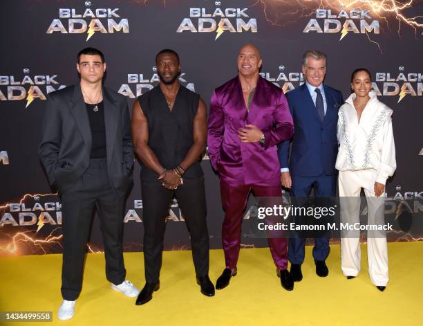 Noah Centineo, Aldis Hodge, Dwayne Johnson aka The Rock, Pierce Brosnan and Quintessa Swindell attend the UK Premiere of "Black Adam" at Cineworld...