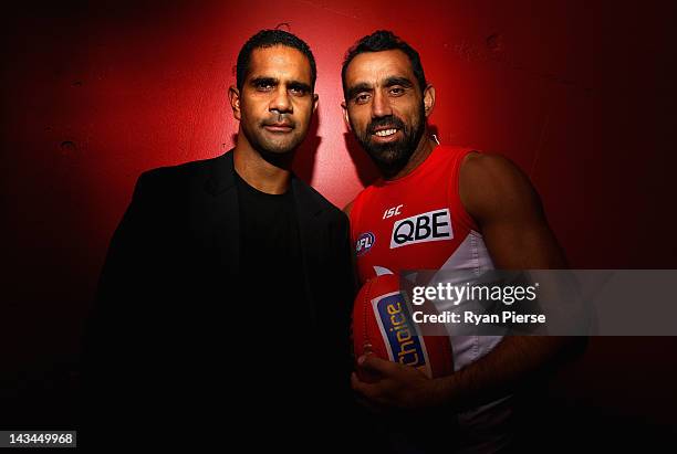 Adam Goodes and Michael O'Loughlin pose during a Sydney Swans AFL media session at the Sydney Cricket Ground on April 27, 2012 in Sydney, Australia....