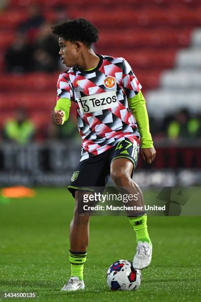 Shola Shoretire of Manchester United U21s warms up ahead of the Papa John's Trophy match between Fleetwood and Manchester United U21s at Highbury...