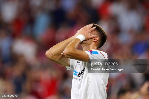 Kike Salas of Sevilla FC reacts during the LaLiga Santander match between Sevilla FC and Valencia CF at Estadio Ramon Sanchez Pizjuan on October 18,...