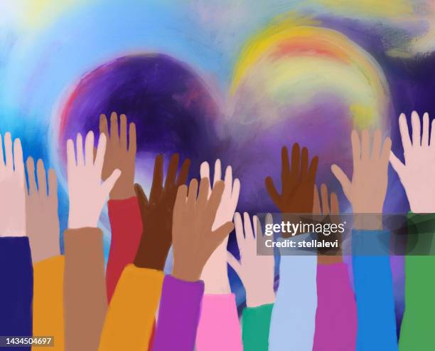 illustrations, cliparts, dessins animés et icônes de mains levées. mains secourables d’un groupe multiculturel. concept d’aide, d’amour, d’unité - racial equality love