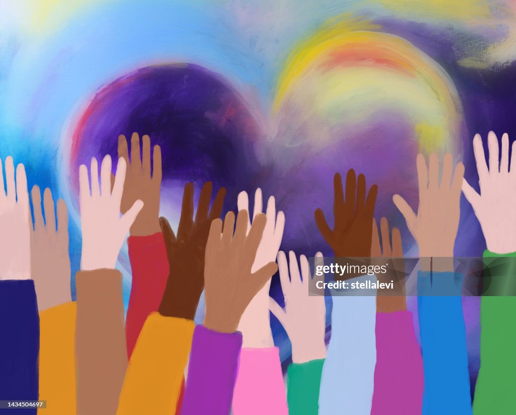 Hands raised. Helping Hands of multicultural group. Concept of help, love, unity