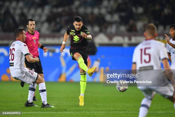 Nemanja Radonjic of Torino FC scores their team's first goal during the Coppa Italia match between Torino FC and Cittadella at Olimpico Stadium on...