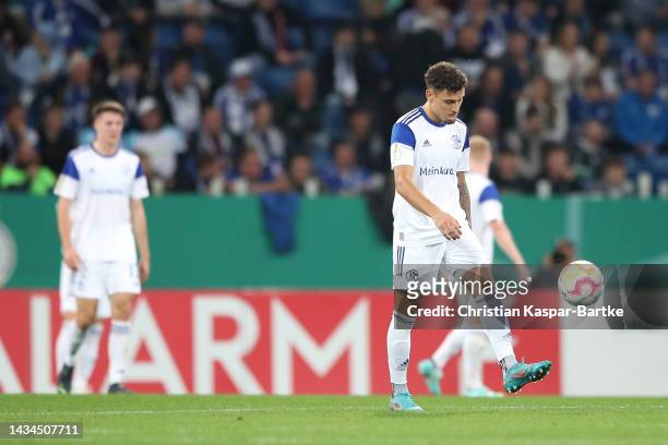Jordan Larsson of FC Schalke 04 reacts after TSG 1899 Hoffenheim scored their sides third goal during the DFB Cup second round match between TSG...