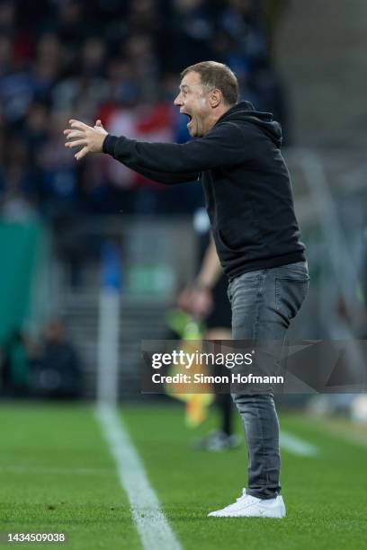 Frank Kramer of Schalke reacts during the DFB Cup second round match between TSG Hoffenheim and FC Schalke 04 at PreZero-Arena on October 18, 2022 in...