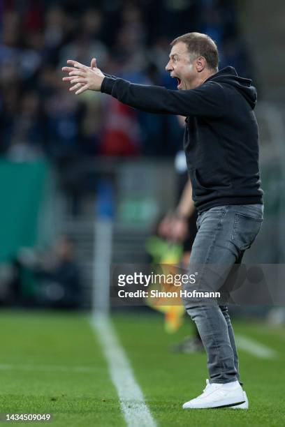 Frank Kramer of Schalke reacts during the DFB Cup second round match between TSG Hoffenheim and FC Schalke 04 at PreZero-Arena on October 18, 2022 in...