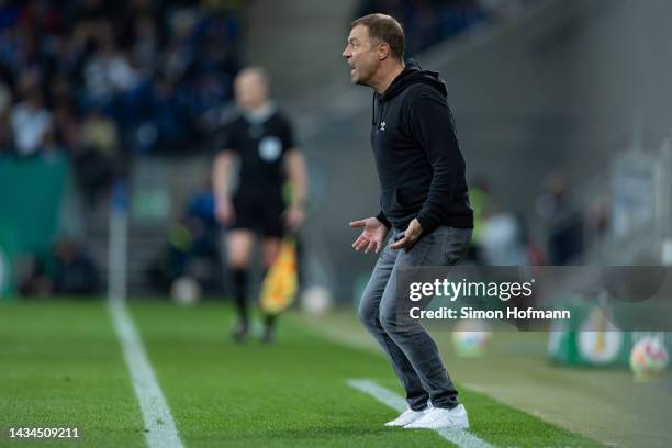 Frank Kramer of Schalke reacts during the DFB Cup second round match between TSG Hoffenheim and FC Schalke 04 at PreZero-Arena on October 18, 2022 in...