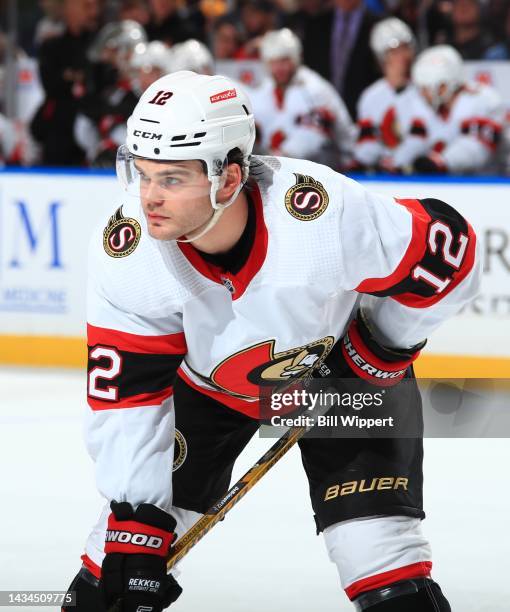 Alex DeBrincat of the Ottawa Senators prepares for a faceoff against the Buffalo Sabres during an NHL game on October 13, 2022 at KeyBank Center in...