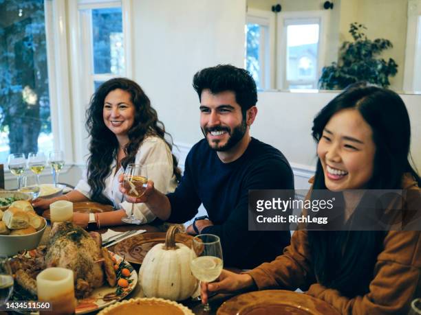 group of friends celebrating thanksgiving - lebanese ethnicity stock pictures, royalty-free photos & images