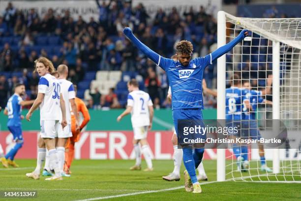 Georginio Rutter celebrates after Ozan Kabak of TSG 1899 Hoffenheim scored their sides fourth goal during the DFB Cup second round match between TSG...
