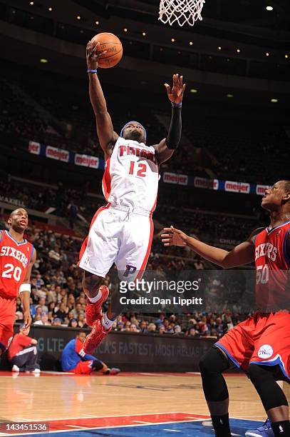 Will Bynum of the Detroit Pistons goes to the basket during the game between the Detroit Pistons and the Philadelphia 76ers on April 26, 2012 at The...