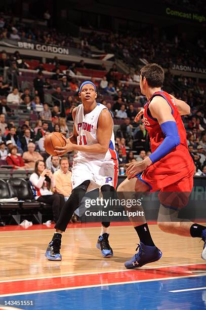 Charlie Villanueva of the Detroit Pistons drives during the game between the Detroit Pistons and the Philadelphia 76ers on April 26, 2012 at The...