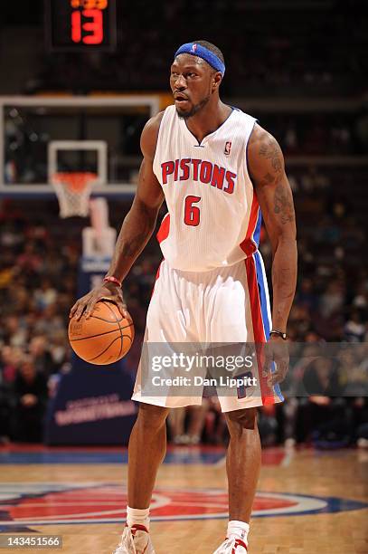 Ben Wallace of the Detroit Pistons dribbles the ball during the game between the Detroit Pistons and the Philadelphia 76ers on April 26, 2012 at The...