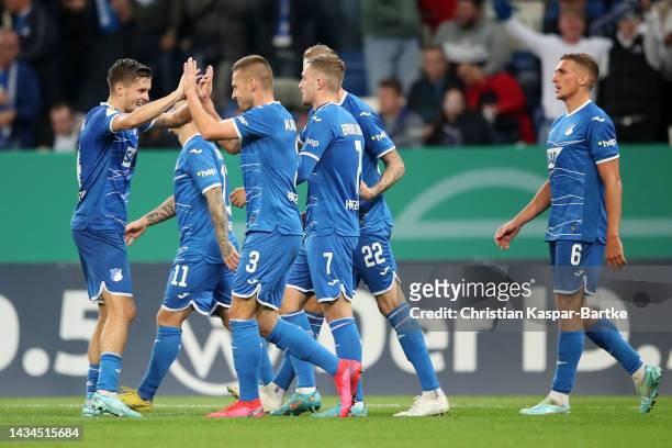 Pavel Kaderabek of TSG 1899 Hoffenheim celebrates wtmafter scoring their team's fifth goal during the DFB Cup second round match between TSG...
